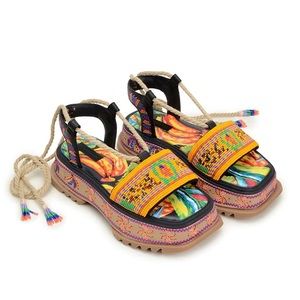 FARM RIO Beaded Banana Flatform Sandal lace up colorful chunky size 7 NIB